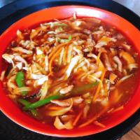 E02. Spicy Chili with Beef Noodle Soup 小辣椒牛拌麵 · Savory light broth with noodles. 