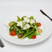 Arugula e Parmigiano Salad · Baby arugula, cherry tomatoes, black olives, Parmigiano and fig vinaigrette.