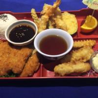 Hyuga Special Bento Box (Lunch Only) · Chicken teriyaki or katsu, mixed tempura, fried halibut and a California roll or mixed tempu...