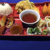7. Vegetable Lover's Bento Box Lunch Special · Vegetable tempura, vegetable roll, inari sushi and vegetable harumaki.