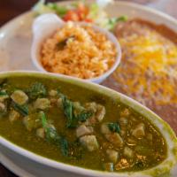 Puerco En Salsa Verde · Pork sirloin, lightly fried and simmered in a tomatillo-pasilla broth until tender. Gluten F...