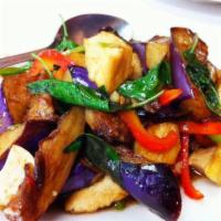 34. Spicy Eggplant · Stir-fried eggplant in black bean sauce, flavored with fresh ground chili, onions, carrots a...
