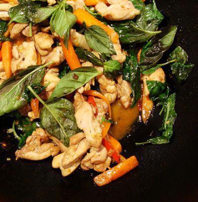 36. Hot Basil · Stir-fried in a hot and spicy garlic sauce, mixed with chili, bell peppers and onions, topped with basil leaves.