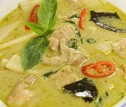 43. Green Curry · Green coconut curry, prepared with sliced green beans,eggplant, bell pepper, lime leaves and basil.
