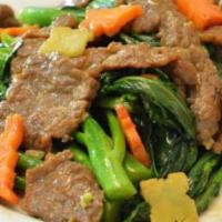 52. Chinese Broccoli with Beef · Stir-fried beef with Chinese broccoli and carrots in oyster sauce.