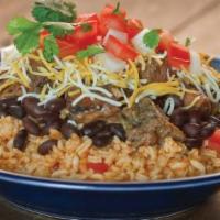 Burrito Bowl · Choice of rice beans and meat covering with enchilada sauce, cheese, salsa and sour cream.