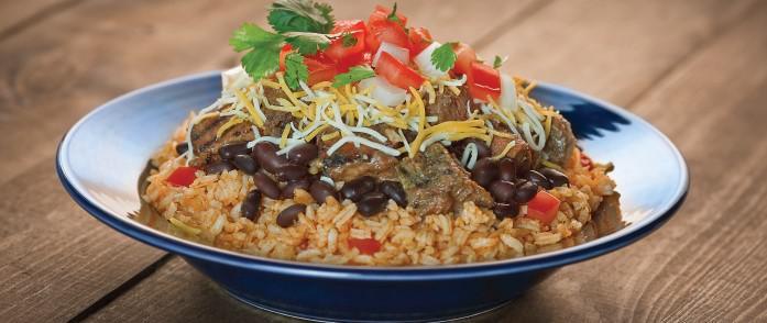 Burrito Bowl · Choice of rice beans and meat covering with enchilada sauce, cheese, salsa and sour cream.
