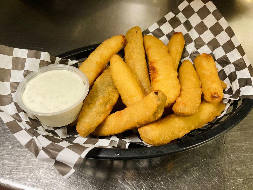 Fried Pickles · Breaded dill pickle spear fried crispy. Choose dipping sauce. House Ranch or Chipotle Ranch go excellent with this appetizer!
