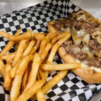 Philly Cheesesteak Sandwich · Sliced sirloin, white American, amoroso's hoagie. Add sauteed onions, green peppers or mushr...