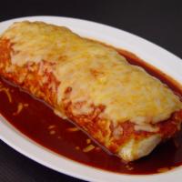 Burrito Mojado Rojo · Traditional wet burrito bathed in red salsa with your choice of meat, Spanish rice, refried ...