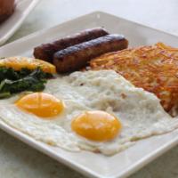 Sausage and Eggs · Served with Hash Browns or Homestyle Potatoes and either a buttermilk biscuit, toast, bluebe...