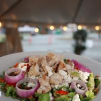 Mediterranean Chicken Salad · Marinated chicken breast over over a bed of greens with diced onion, bell pepper, Kalamata o...