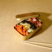 Old School Korean Bento Box · Rice, spam, kimchi, dried seaweed, fried egg. Add rice ball for an additional charge.
