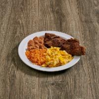 Steak and Eggs · New york steak with 2 eggs, bacon and hash browns.