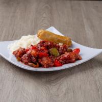 L37. General Tso's Chicken · Chicken chunky lightly battered and fried, then stir-fried with bell peppers in spicy and sw...