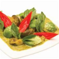 (V) Green Curry · Spicy green curry made with Thai eggplants, bamboo shoots, green beans, tofu, coconut milk, ...
