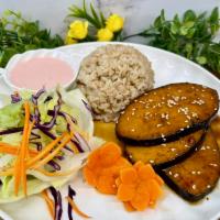 (V) Teriyaki Salmon · Pan-fried vegan salmon drizzled with house-made sesame teriyaki sauce. Served with rice and ...