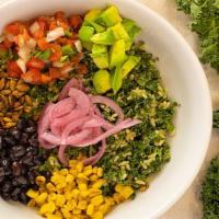 Supermex Bowl · Brown rice, kale, black beans, avocados, roasted corn, pickled onions, pico de gallo, roaste...