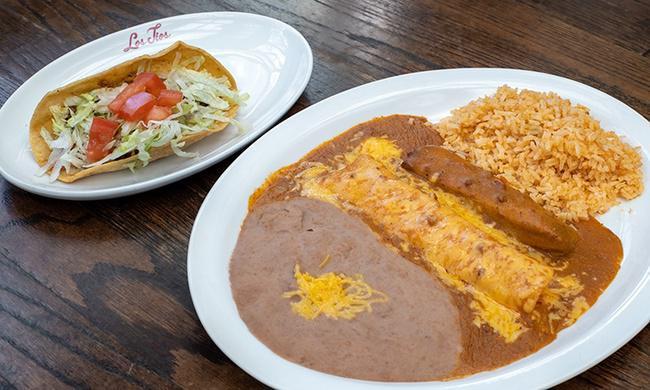 Laredo Dinner · Crispy Beef Taco, Cheese Enchilada, an tamale topped with chili gravy. Served with Mexican Rice and Beans.