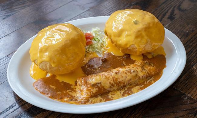 No. 8 Combo · Two Puffy Quesos, and a Cheese Enchilada. Add Mexican Rice & Beans for $2.