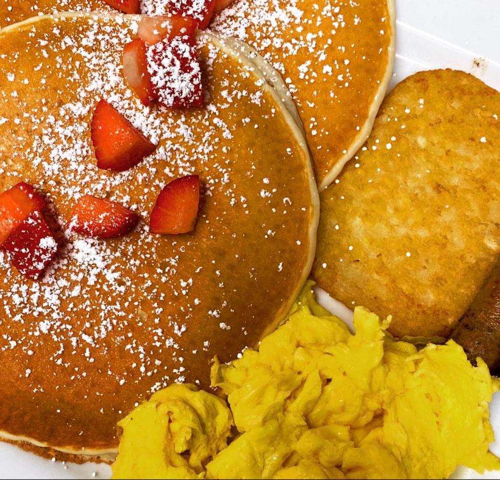 Pancakes Plate Breakfast · 2 pancakes, 2 eggs and choice of meat. Served with breakfast potatoes.