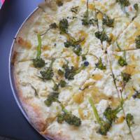 Old School Pizza · Garlic oil, vegan cheese, almond ricotta, caramelized onions, broccolini. Vegan.