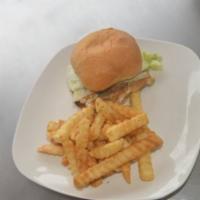 Grilled Chicken Burger Deluxe with Fries · Grilled chicken burger on a roll served with honey mustard, lettuce, and tomato includes a s...