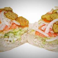 Tuna Hoagie · Tuna sandwich on a hoagie roll with mayonnaise, cheese, lettuce, tomato, onions, pickle, ore...