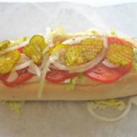 Turkey Hoagie · Turkey sandwich on a hoagie roll with mayonnaise, cheese, lettuce, tomato, onions, pickle, o...
