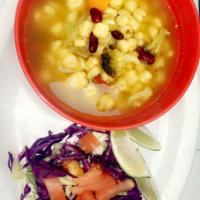 Vegan Green or Red Pozole · Made With Soy Protein Hominy green or red  sauce and Blend Vegetables