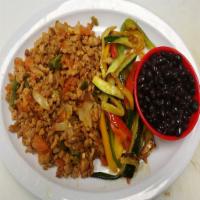 Soy protein picado plate · soy meat pico de gallo rice and beans