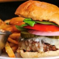 Burger · Cheddar, pickles, house made bun, parkside fries