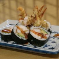 Spider Roll · 10 pieces. Deep-fried soft shell crab, our special California mix, avocado, gobo (pickled bu...