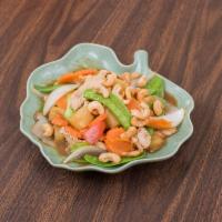 Cashew Stir Fried · Stir-fried cashew nut, bell pepper, peapod, carrot, pineapple, onion in our brown sauce.