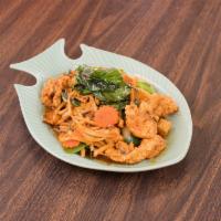 Pad Ped Catfish Stir Fried · Stir-fried catfish with red curry plate, onions, bamboo shoots, bell pepper, mushroom, carro...