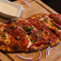 Arrabiata Flatbread Pizza  · Pepperoni, Italian sausage, mozzarella, Parmesan-Romano cheese and red onions.