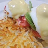 Venice Beach Benedicts · Avocado and tomato. Poached eggs on toasted English muffin and topped with hollandaise sauce.
