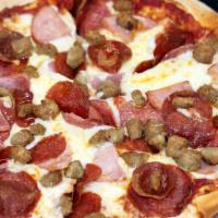 Meats Lovers Pizza · Red sauce, cheese, salami, pepperoni, sausage and ham.
