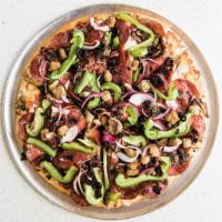 Combo Pizza · Red sauce, cheese, salami, pepperoni, sausage, red onion, black olives, mushroom and bell pe...