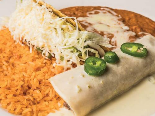 Create Your Own Combo · Pick 2 entree items and salsa choice. Served with Mexican rice and refried beans. The pulled chicken is cooked with bell peppers, onions, and tomatoes. The ground beef is cooked with tomatoes and onions.