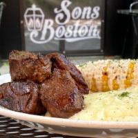 Bourbon Barrel Steak Tips Plate · 10 oz. of steak tips in a sweet bourbon marinade served with Idaho mashed potatoes and grill...