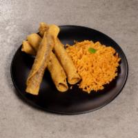 Flautas · 4 crispy corn tortillas filled with beef on ranchero sauce or chicken on tomatillo sauce ser...