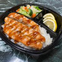 Salmon Plate · Grilled Atlantic salmon, choice of rice, steamed vegetables with our signature teriyaki sauce.