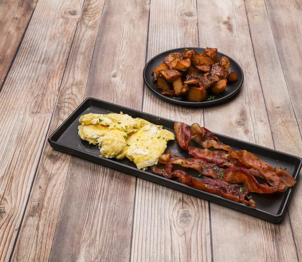 2 Eggs with Breakfast Meat · Choice of bacon, ham, sausage links, turkey patty or sausage patty. Served with home fries or grits and toast. Any style.