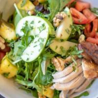 Waldorf Chicken Salad · Grilled chicken, lettuce, grapes, green apples, walnuts, carrots, dried cranberries, celery,...