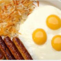 All American Breakfast · 3 eggs with hash browns or pancakes and choice of meat. Served with choice of toast