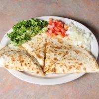 Greek Chicken Quesadilla · Grilled chicken breast, feta cheese and sauteed spinach. Served with fries, Tzatziki sauce, ...
