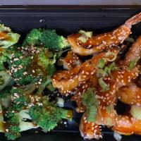 Shrimp Teriyaki · Stir-Fried Shrimp Teriyaki with broccoli, green onion and sesame seeds on top served with ja...
