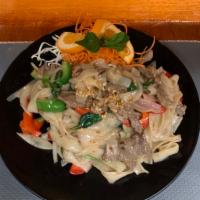 Pad Kee Mao  · Spicy basil noodle. Stir fried thick rice noodles with Thai house sauce bell pepper, basil a...
