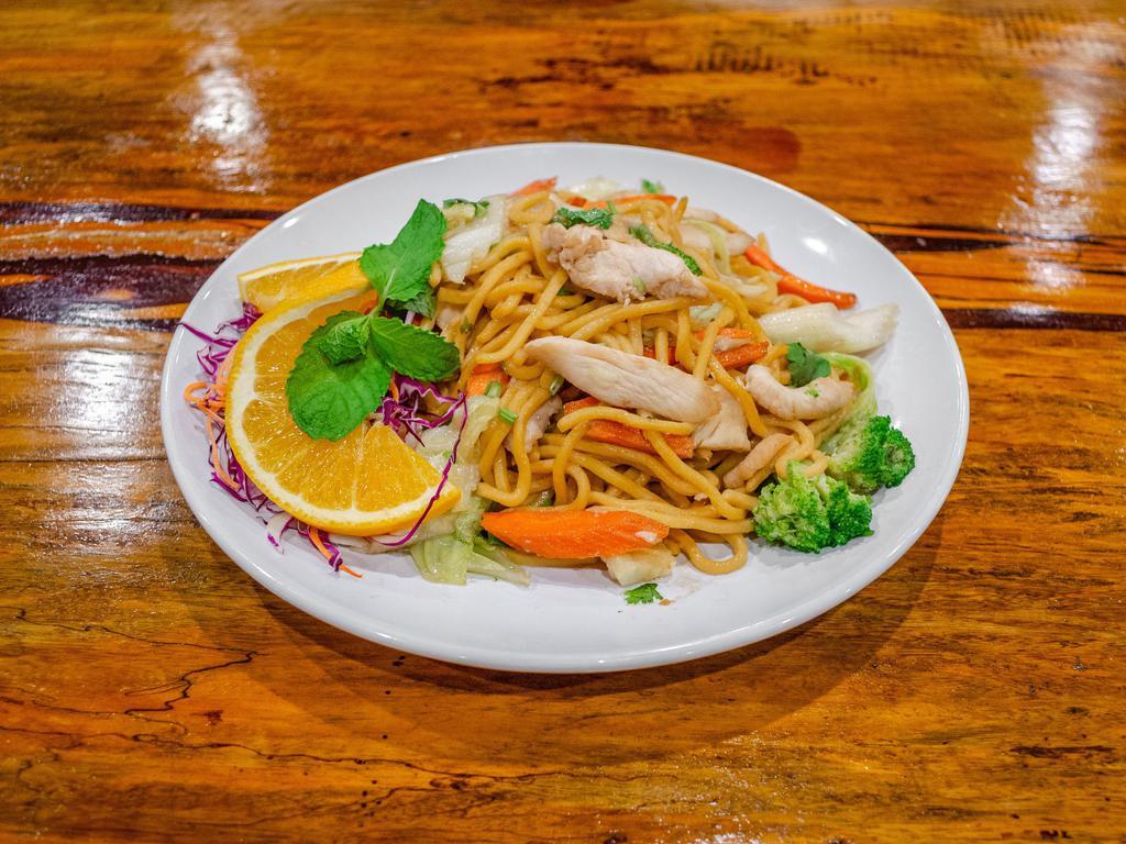 Lo Mein · Stir fried lo mein noodles with brown sauce, egg broccoli, carrot and cabbage.